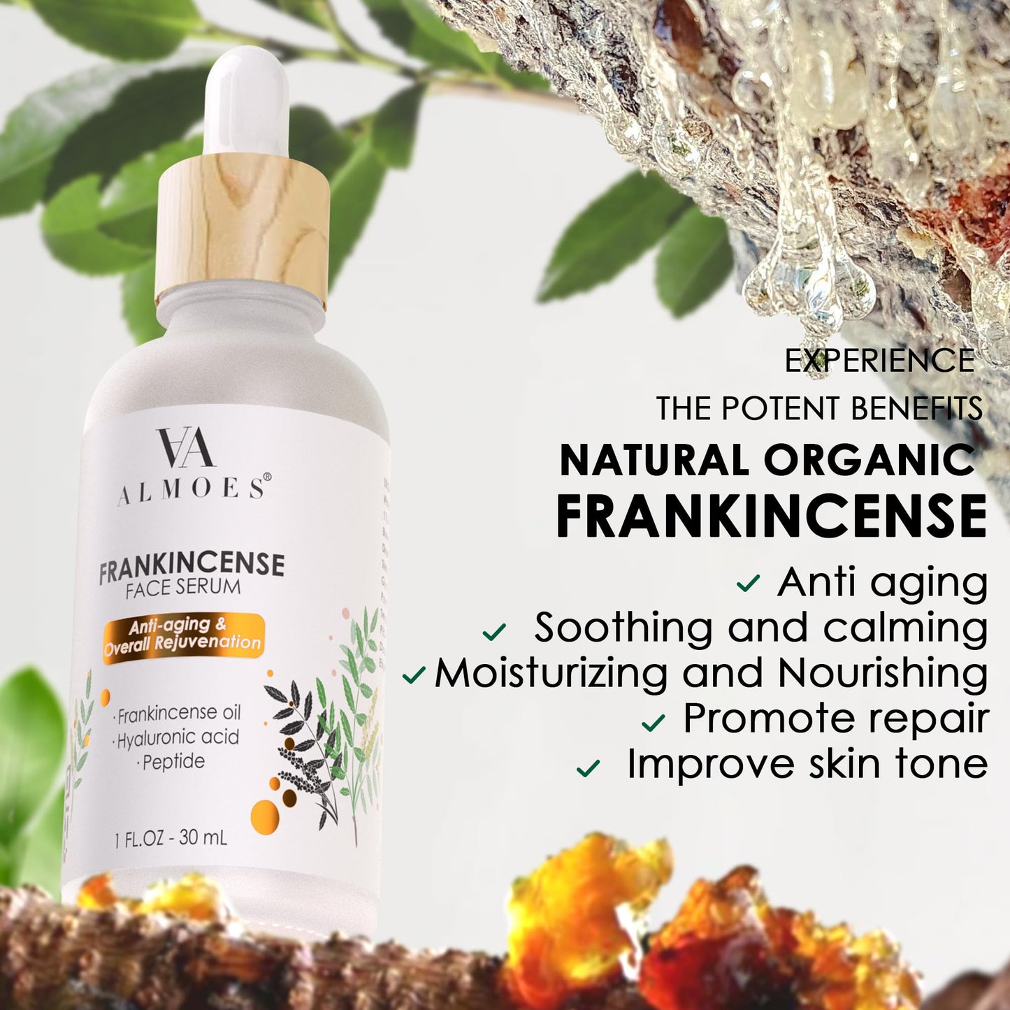 ALMOES Frankincense Face Serums,Women Face Serum for Soothing and Calming Skin,Improve Skin Tone,Firming Skin,Hyaluronic Acid Face Serum,Moisturising Serums Suitable for All Skin Types,30 ML