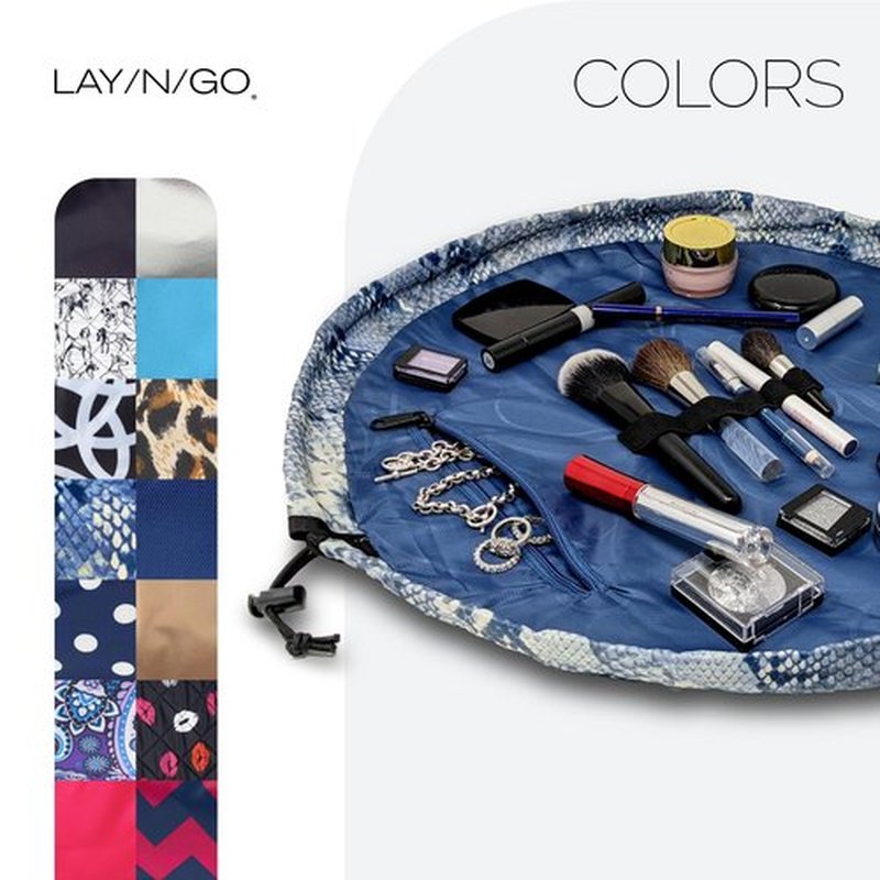 Lay-n-Go Cosmo Drawstring Cosmetic & Makeup Bag Organizer - Portable Drawstring Makeup Bag w/Zipper Pocket, Makeup Loops & More - Durable, Machine Washable Makeup Bag for Travel (20”, Blue Snakeskin)