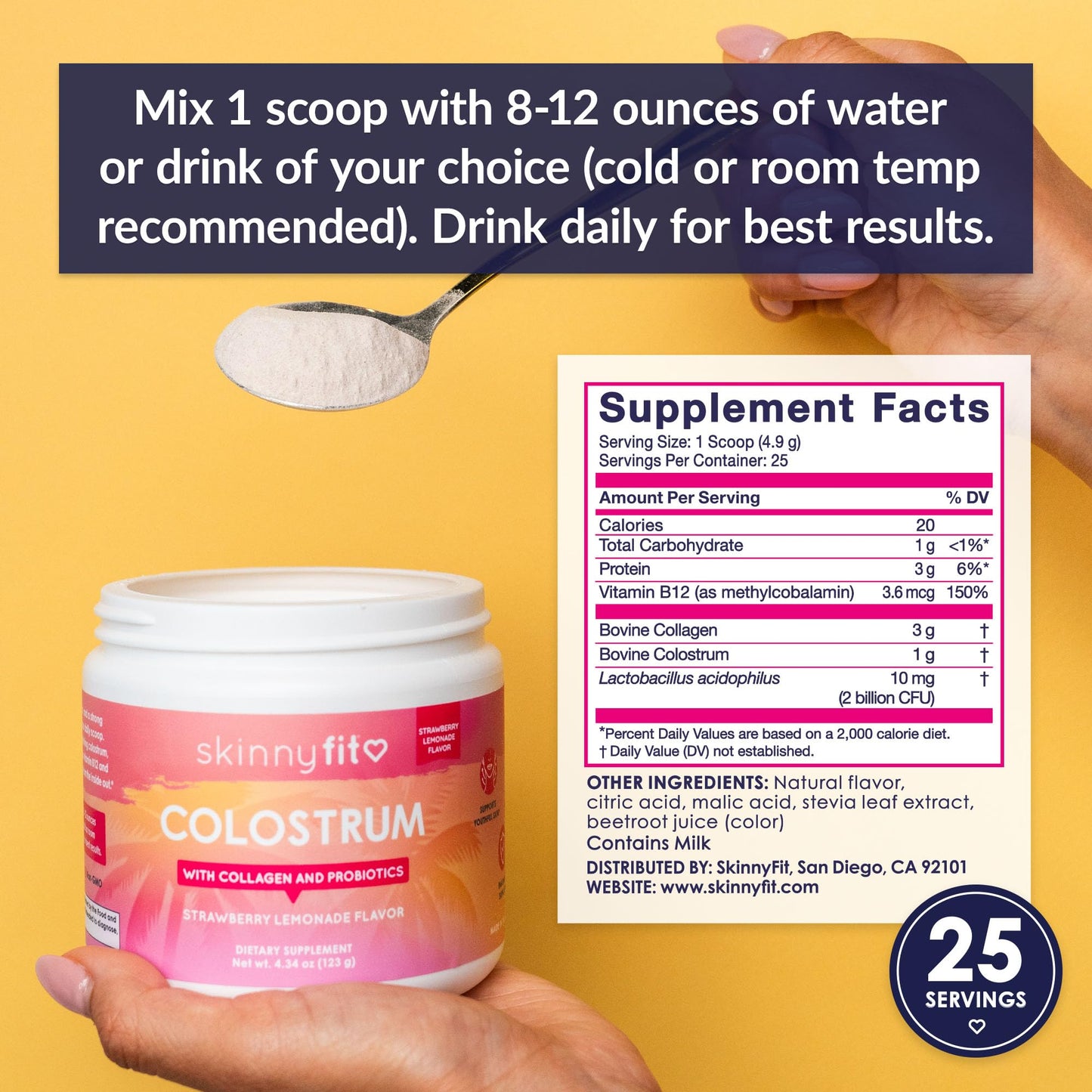 SkinnyFit - Colostrum Powder (Strawberry Lemonade) - Collagen Peptides, Probiotics, Vitamin B12 - Supports Immunity, Skin & Gut Health - Non GMO, Gluten Free, Sugar Free - Beauty, Skin Care, Self Care