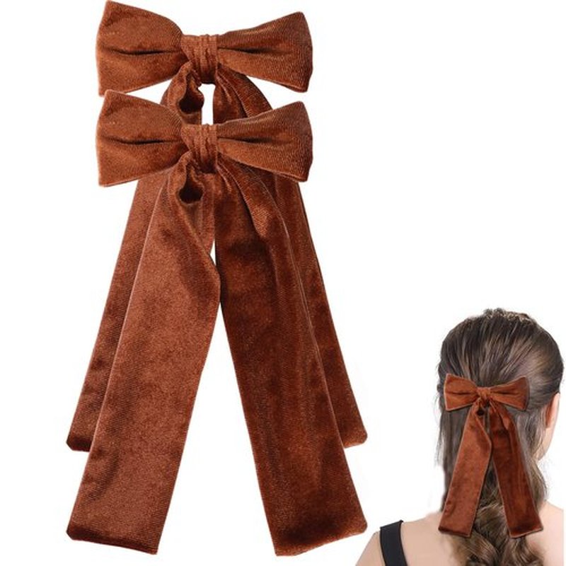 2PCS Velvet Hair Bows, Hair Ribbon Clips Big Fall Alligator Clips Hair Accessories for Women Girls (Brown)