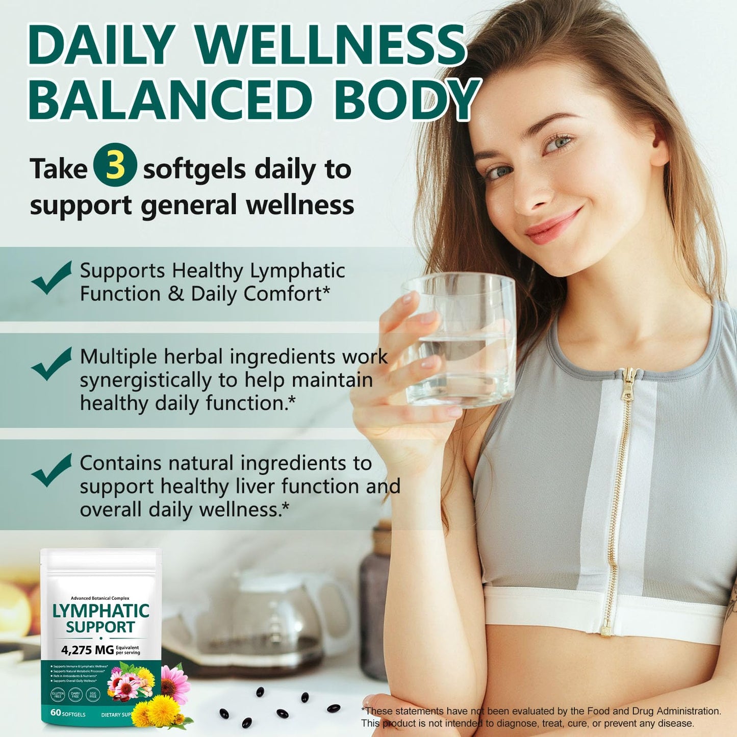 Lymphatic Drainage Supplements, 4275mg Herbal Blend for Immune and Fluid Health for Men Women,with Dandelion, Burdock Root, Echinacea, Turmeric, 60 Softgels for Lymph System Balance