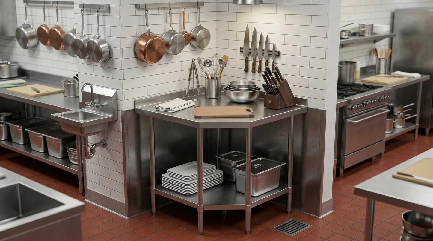 Stainless Steel Corner Work Table 32 in. x 32 in. x 35 in. with 1.5 in. Backsplash, Galvanized Undershelf, 5 Leg Support, Commercial Prep Table for Restaurant Kitchen Utility