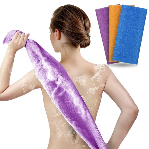 ARCH&M Exfoliating Washcloth Exfoliating Body Scrubber Back Scrubber for Shower Japanese Bath Wash Cloth Korean Exfoliating Luffah Towel Beauty Sponge Loofah Scrub 3 Pack (Orange Purple Navy-Blue)