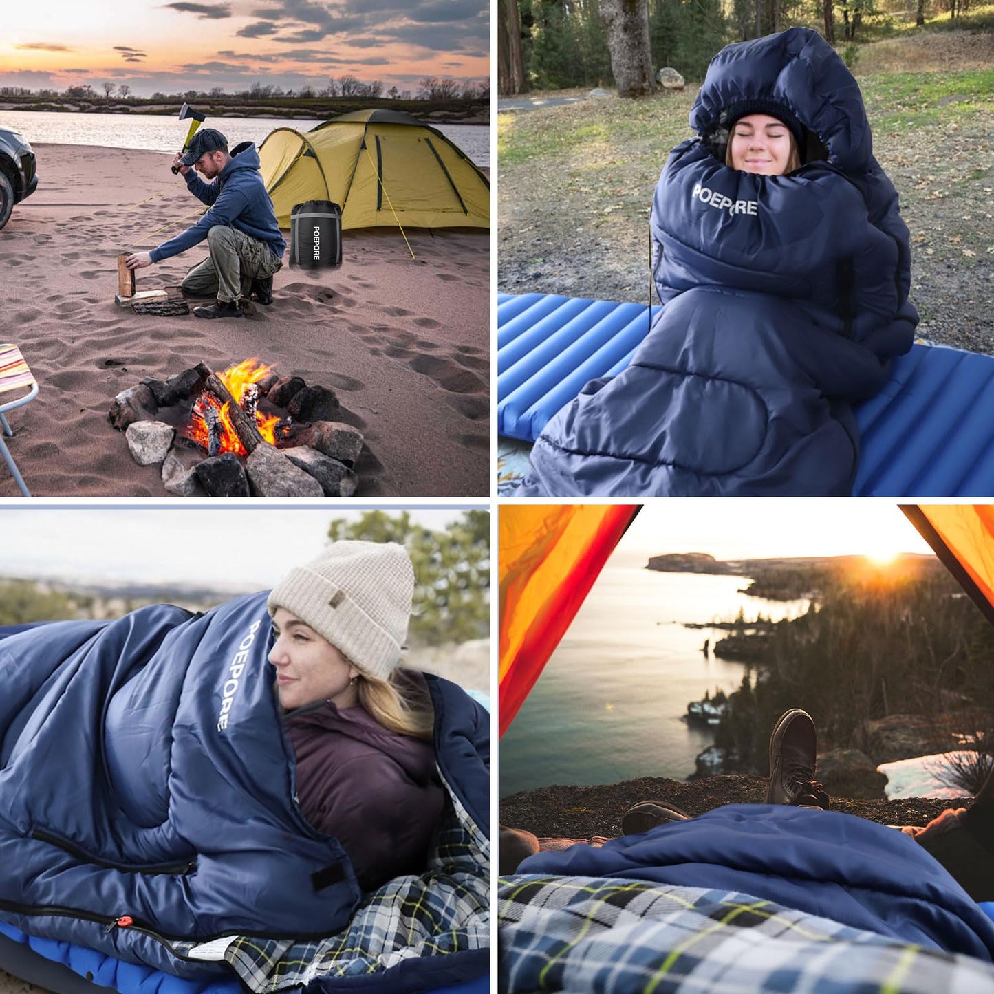 POEPORE Flannel Sleeping Bag Lightweight Warm Weather 3-4 Seasons for Adults XL Wearable Sleeping Bag Waterproof with Compression Sack Blue