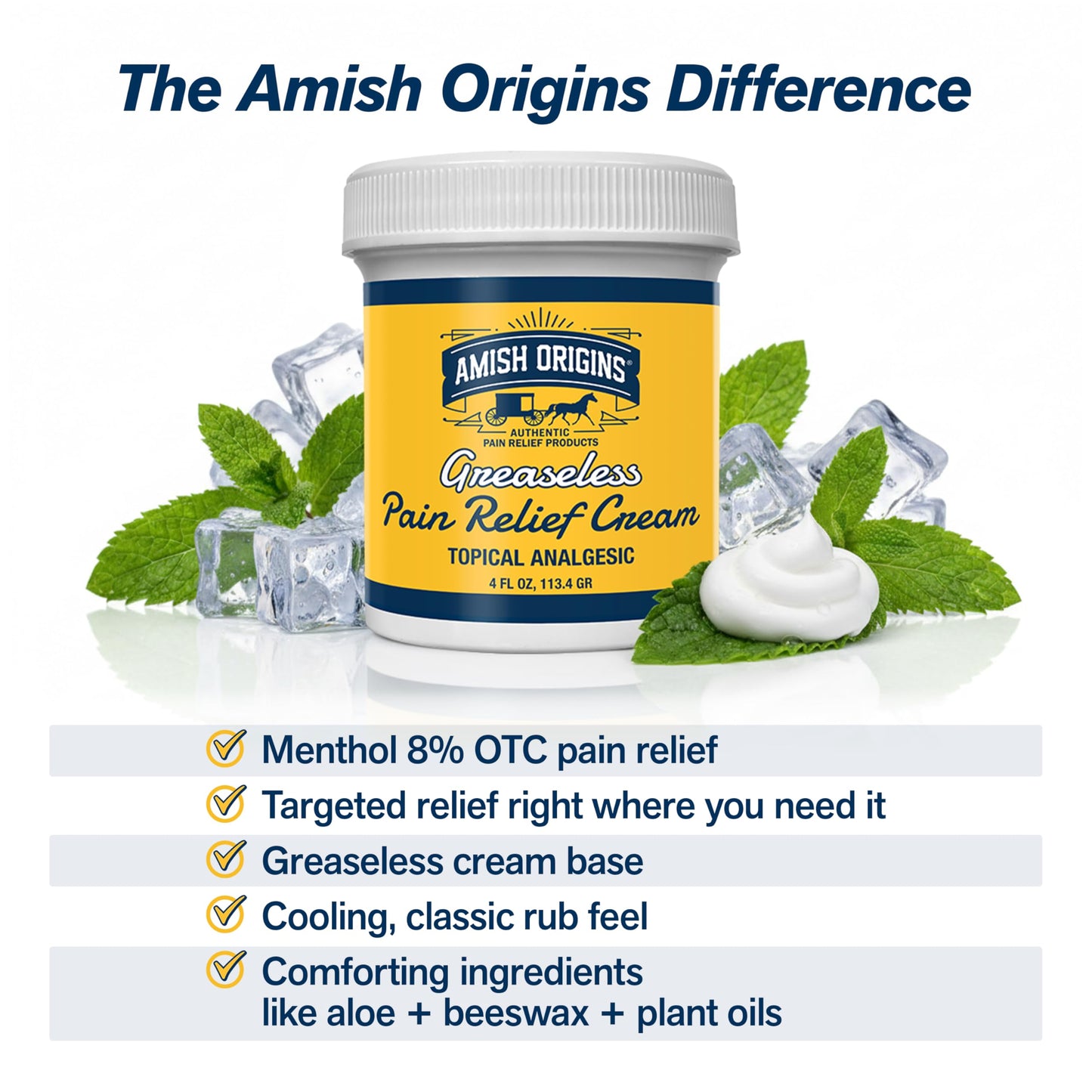 Amish Origins Arthritis Pain Relief Cream - 4 oz - Maximum Strength Deep Penetrating for Joint, Muscle, Knee, Back, Feet, Hand, Ankle, Aches, 1 Pack