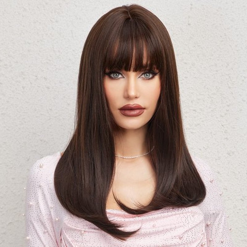 HAIRCUBE Dark Brown Synthetic Women's Wig Long Straight Layered and Heat Resistant