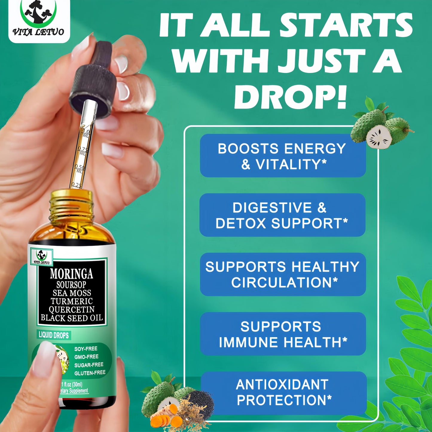 Moringa Drops,Pure Moringa Oleifera Liquid Extract with Soursop Sea Moss Black Seed Oil Quercetin Turmeric - Multimineral&Vitamins Superfood Drops for Energy Immune,Digestive,Cell Support,30 Serving
