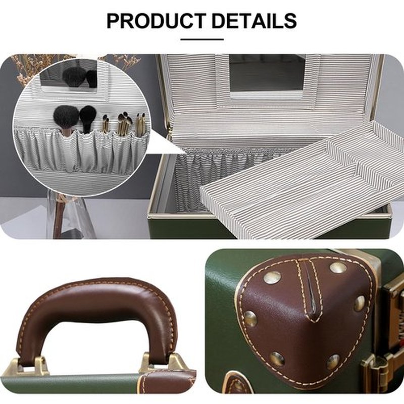 urecity Portable Retro Leather Makeup Train Case Cosmetic Organizer Case Leather Storage Box with Combination Lock (12.5", Green)
