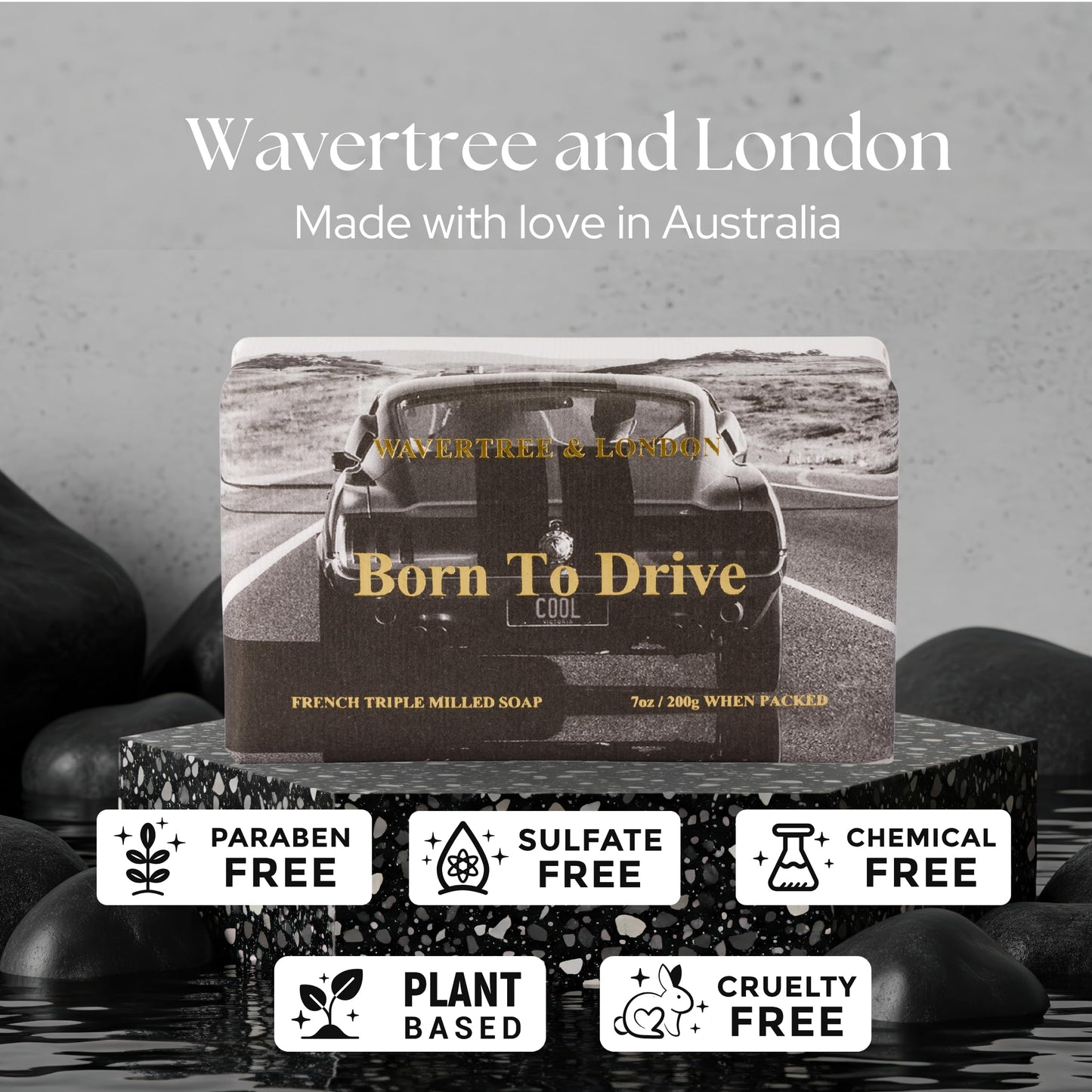 Wavertree & London Born To Drive Scented Natural Soap Bar, 7oz Moisturizing French Triple Milled Soap Bar for Women & Men Enriched with Organic Shea Butter, Pure Bath & Body Soap (1 Bar)