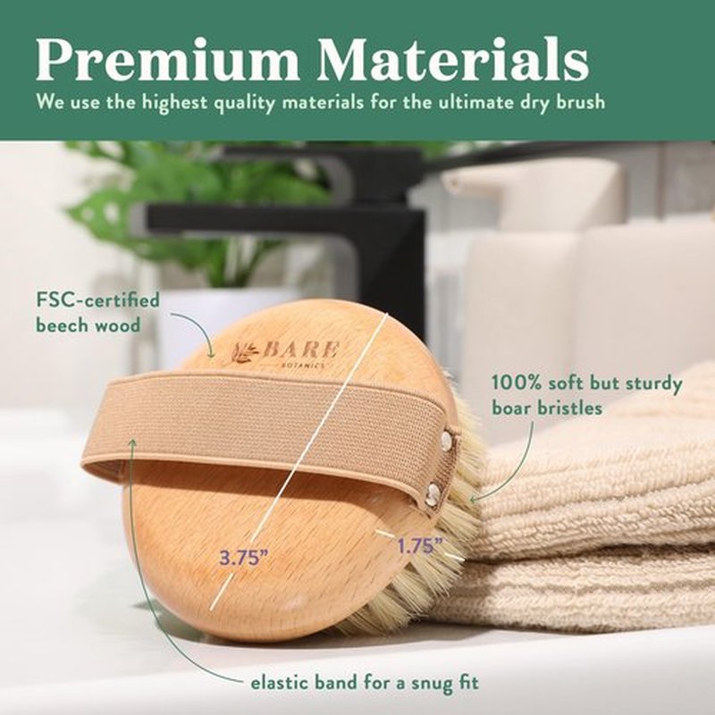 Bare Botanics Dry Body Brush for Lymphatic Drainage | Gentle Exfoliation for Soft Skin | Ergonomically Designed with Elastic Strap | Soft but Firm Natural Boar Bristles