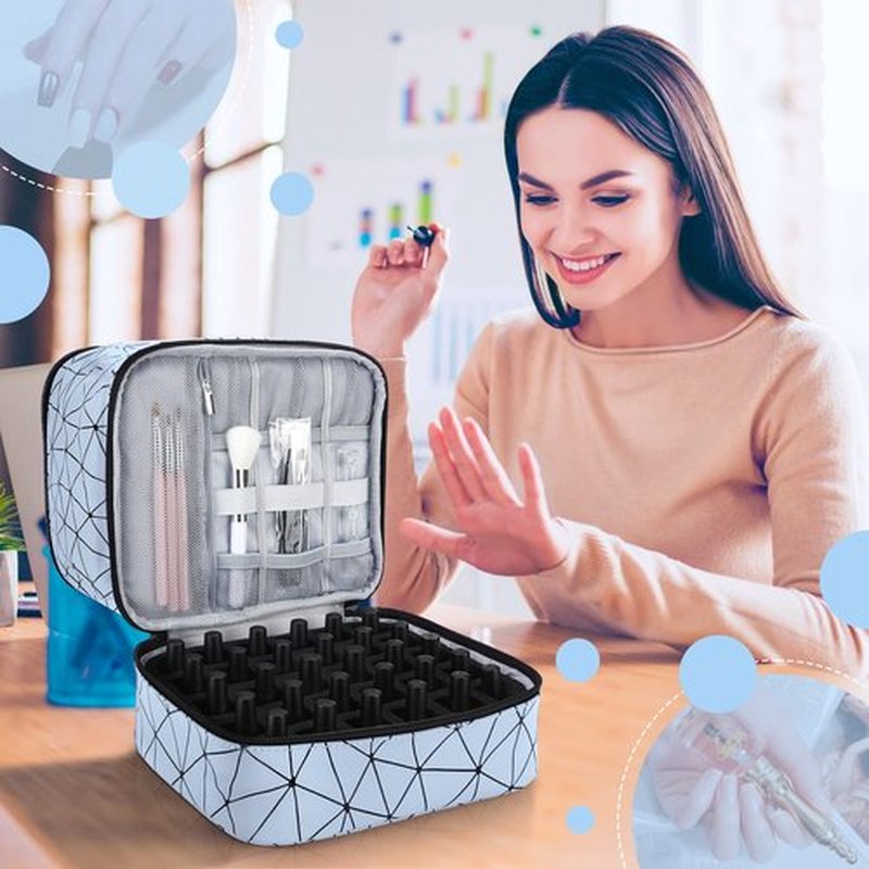 Nail Polish Organizer Case,Fingernail Polish Travel Organizer with Handle, Holds 30 Bottles,1 Led Nail Lamp & Nail Art Supplies,Double Layer Nail Polish Carrying Case with Detachable Interior(Blue)