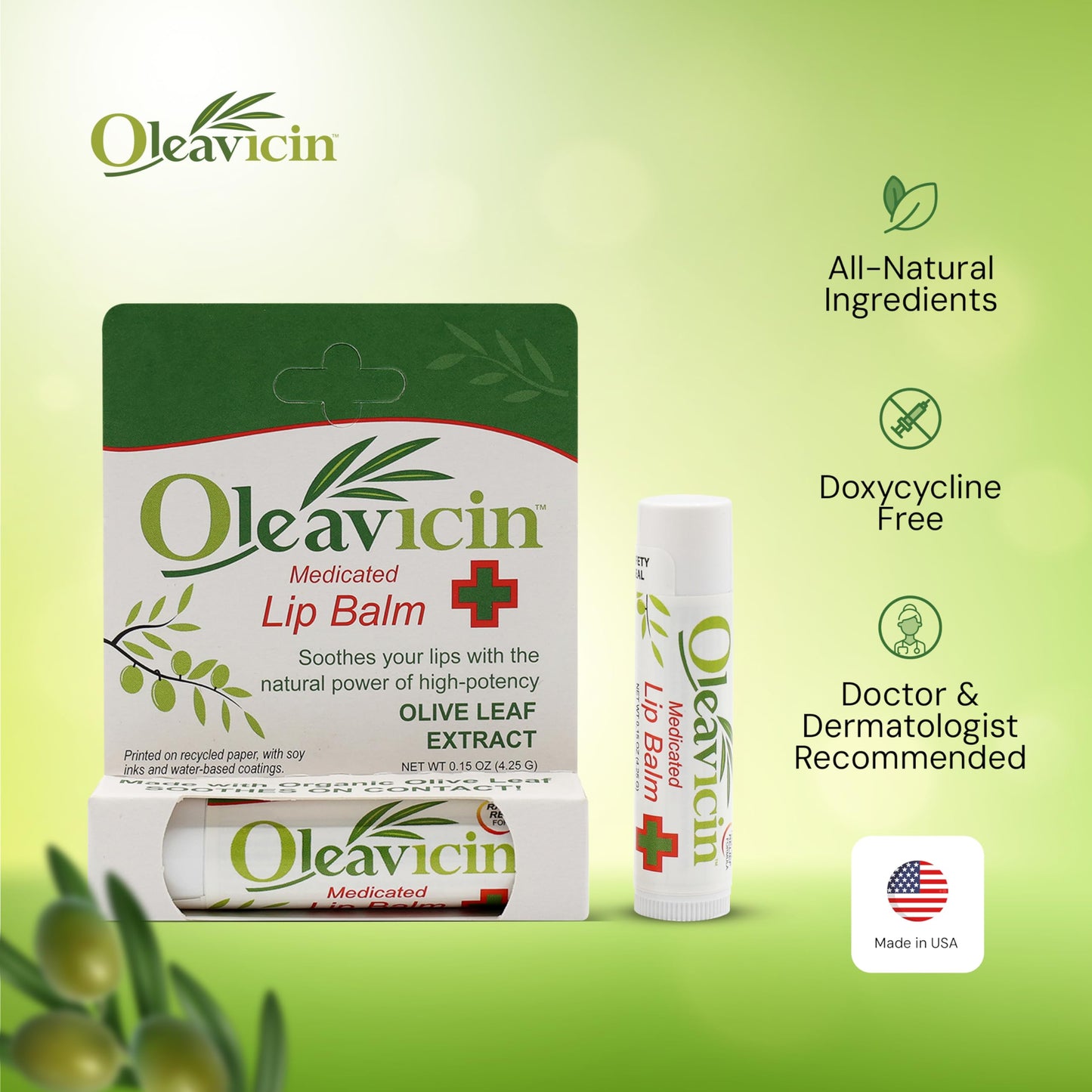 Oleavicin Natural Lip Balm with Organic Olive Leaf Extract - Dry, Chapped Lip Relief & Repair - Patented Moisturizing Formula - Soothing & Hydrating Lip Care for Cracked Lips