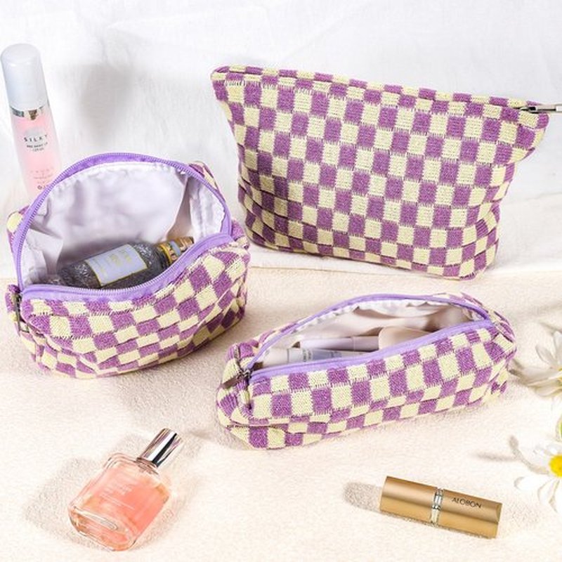 ZLFSRQ 3Pcs Checkered Makeup Bag for Women Large Cosmetic Bag Set Travel Toiletry Bag Makeup Pouch Bag for Purse Purple Zipper Storage Bag Organizer Cute Small Aesthetic Girls Car Essentials Bag