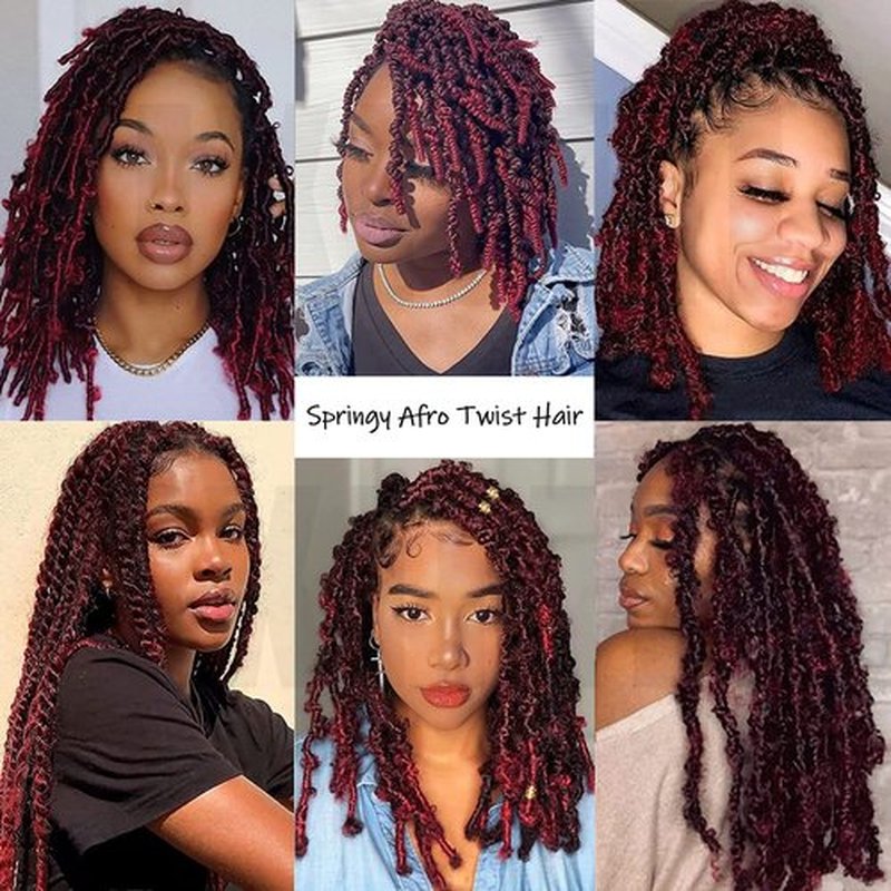 IXIMII 16 Inch Burgundy Springy Afro Twist Hair 3 Packs Red Pre-Separated Kinky Marley Twist Braiding Hair Soft Pre-Fluffed Synthetic Crochet Hair Extensions for Spring Twists Bomb Twists Style