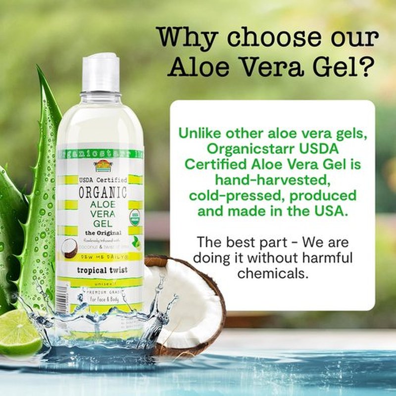 DEW ME DAILY USDA Certified Organic Aloe Vera Gel 12 oz - 100% Pure, Cold Pressed, Hand Harvested, Infused with Coconut, Lime & Verbena Essential Oils, Chemical-Free - Skin & Hair Care, Made in USA