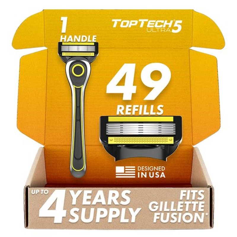 TopTech ULTRA 5 Razors for Men - Manual Shaving Razor & Refills - (Handle + 49 Replaceable Cartridges Pack) - 5 Blades Technology - Fits Gillette Fusion - Soft Shave - Super Sharp - Best Refill Price