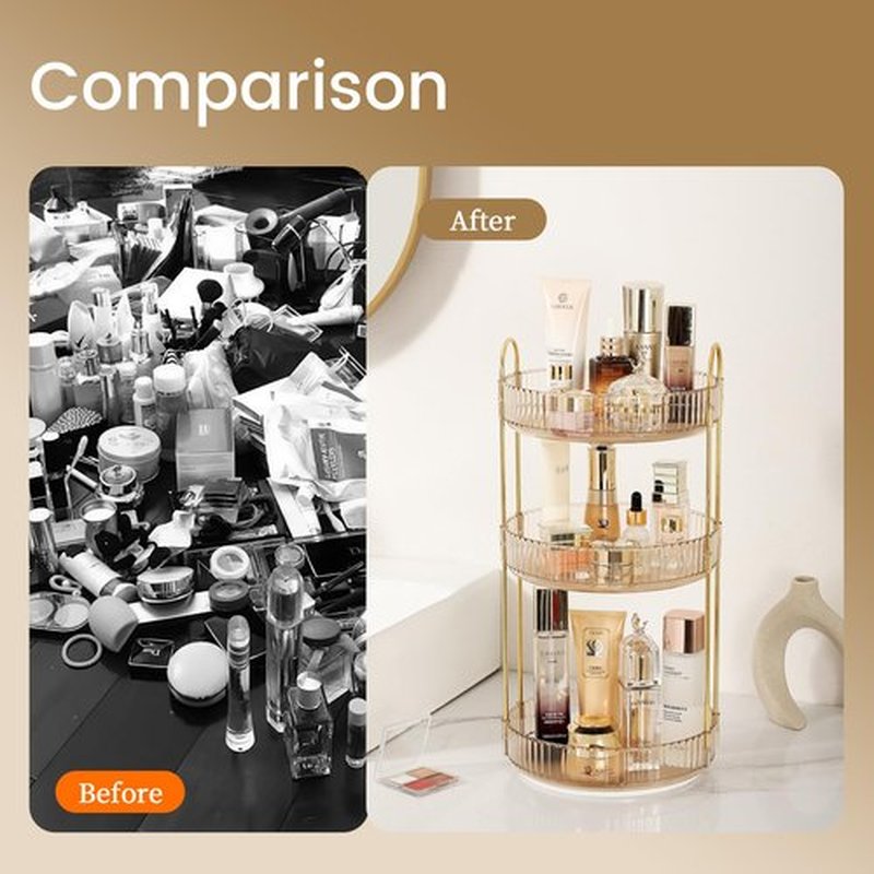 Aveniee 360 Rotating Makeup Organizer for Vanity, Skincare Perfume Organizers Large, Clear Bathroom Counter Organizer for Cosmetics Lipsticks, Spinning Bathroom Organizer Shelf Holder(3 Tiers, Gold)