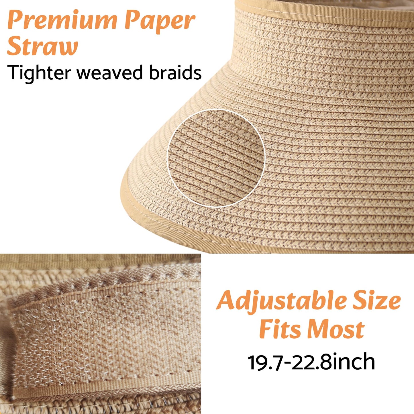 NPQQUAN Sun Visor Hats for Women Wide Brim Ponytail Straw Beach Hat Packable Foldable UPF 50+ Floppy Travel Hats Black