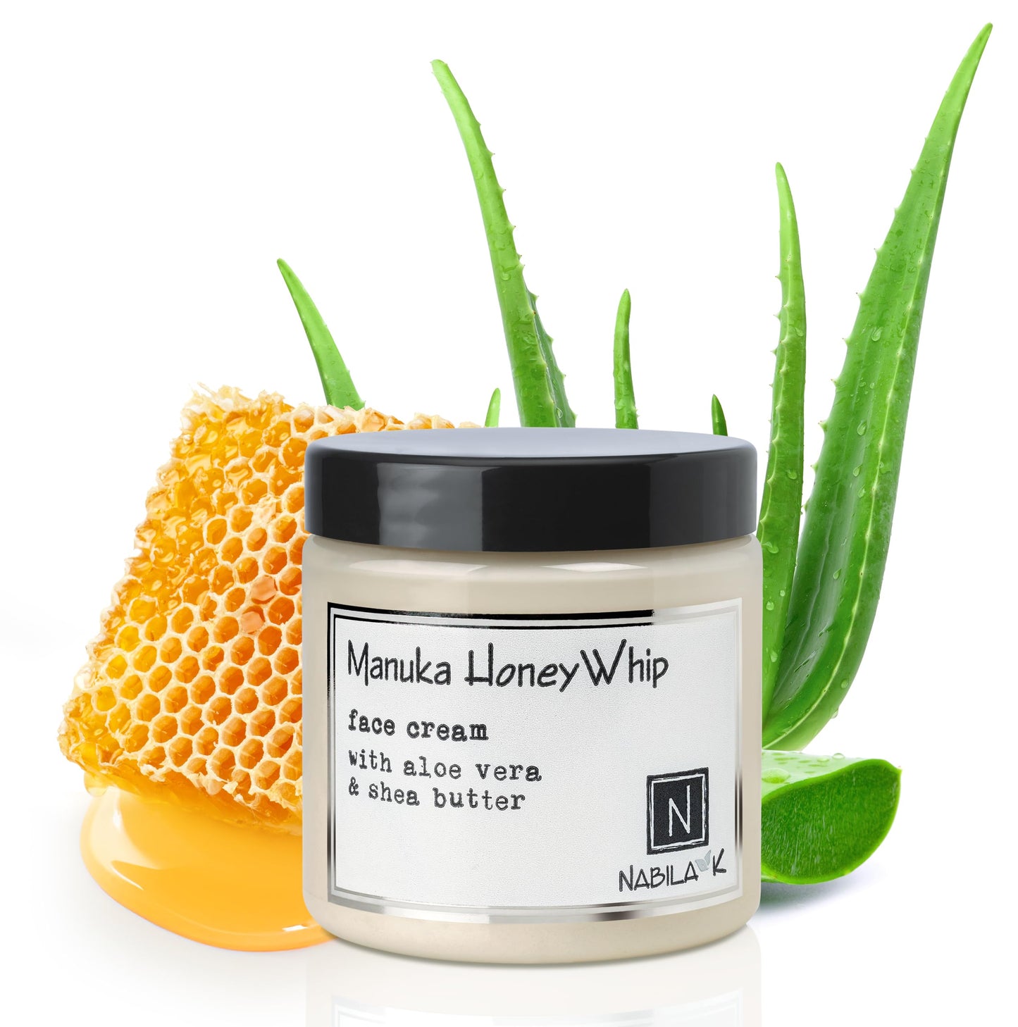 Nabila K - Manuka Honey Whip - Face Cream - Moisturizer - Aloe Vera & Shea Butter - Vitamin C - Vitamin B - Cruelty Free - Dry, Oily, or Sensitive Skin - Natural - Honey Fragrance - Made in USA - 5oz