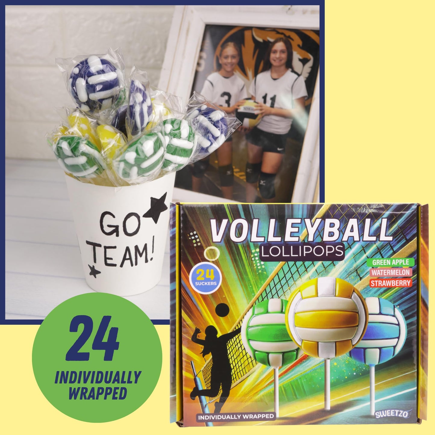 Volleyball Lollipops, 2D Suckers, Individually Wrapped Candy for End of Year Team Gifts Party Favors, Assorted Fruit Flavors, 24 Count