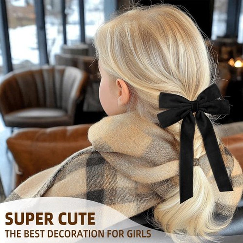 2PCS Black Hair Bows Soft Velvet Bow Hair Clip with Long Tail Hair Accessories for Women Girls Toddlers Teen Girl Gifts Cute Trendy Stuff
