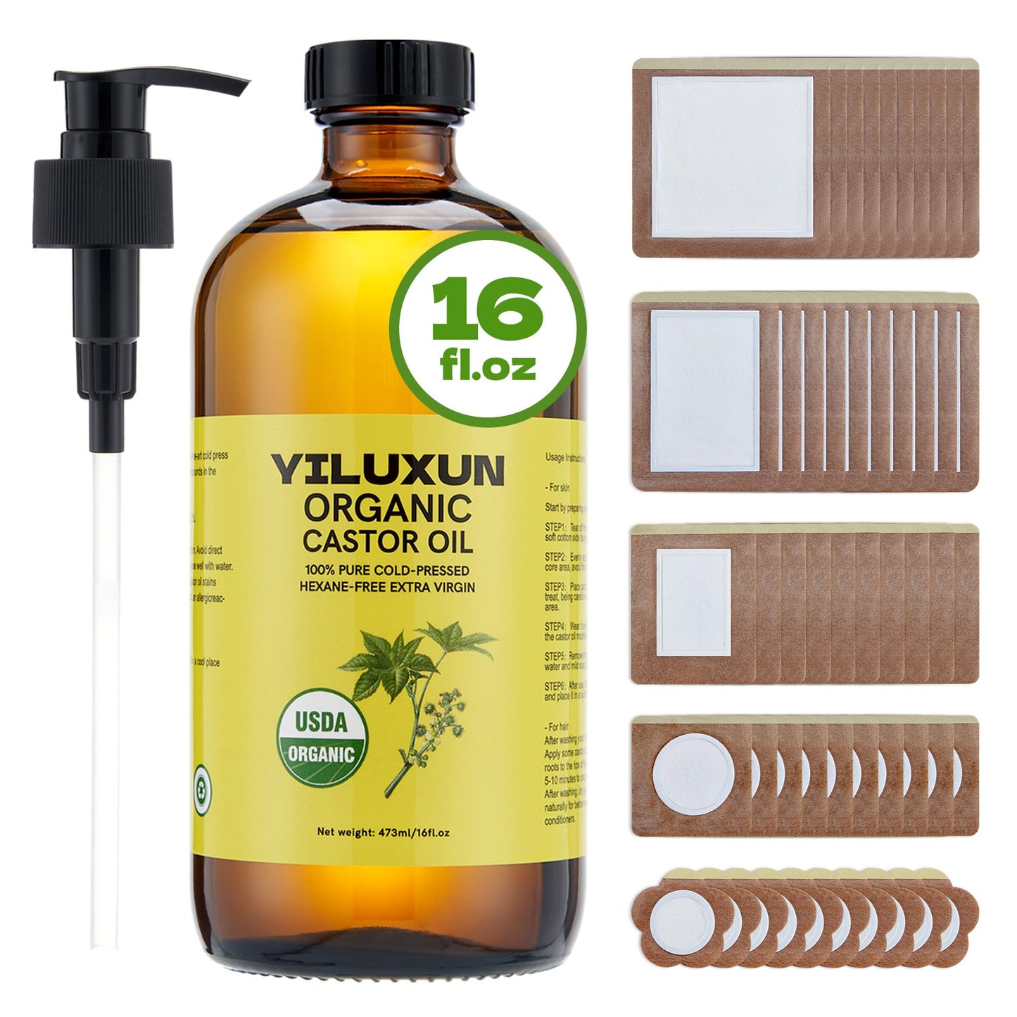 YILUXUN 50Pcs Castor Oil Pack Wrap with 16oz castor oil Organic Cold Pressed Unrefined Glass Bottle,Disposable Castor Oil Patches for Belly Button,Stomach,Knee,Feet,Entire Body