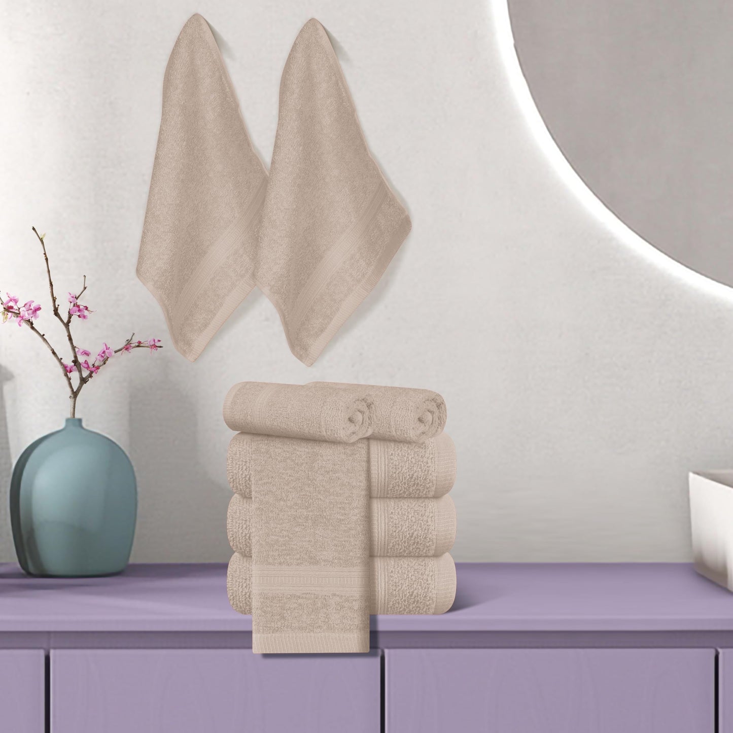 BOUTIQUO Ultra Soft Cotton Washcloths, Contains 12 Piece Face Cloths 12x12 inch, Ideal for Everyday use Face Towels, Compact & Lightweight Multi Purpose Washcloths - Tan
