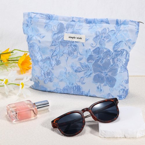 ZLFSRQ Flower Makeup Bag Travel Cute Floral Cosmetic Bags for Women Large Makeup Pouch Zipper Cosmetic Pouch for Purse Aesthetic Embossed Blue Makeup Organizer Bag Portable Toiletry Bag