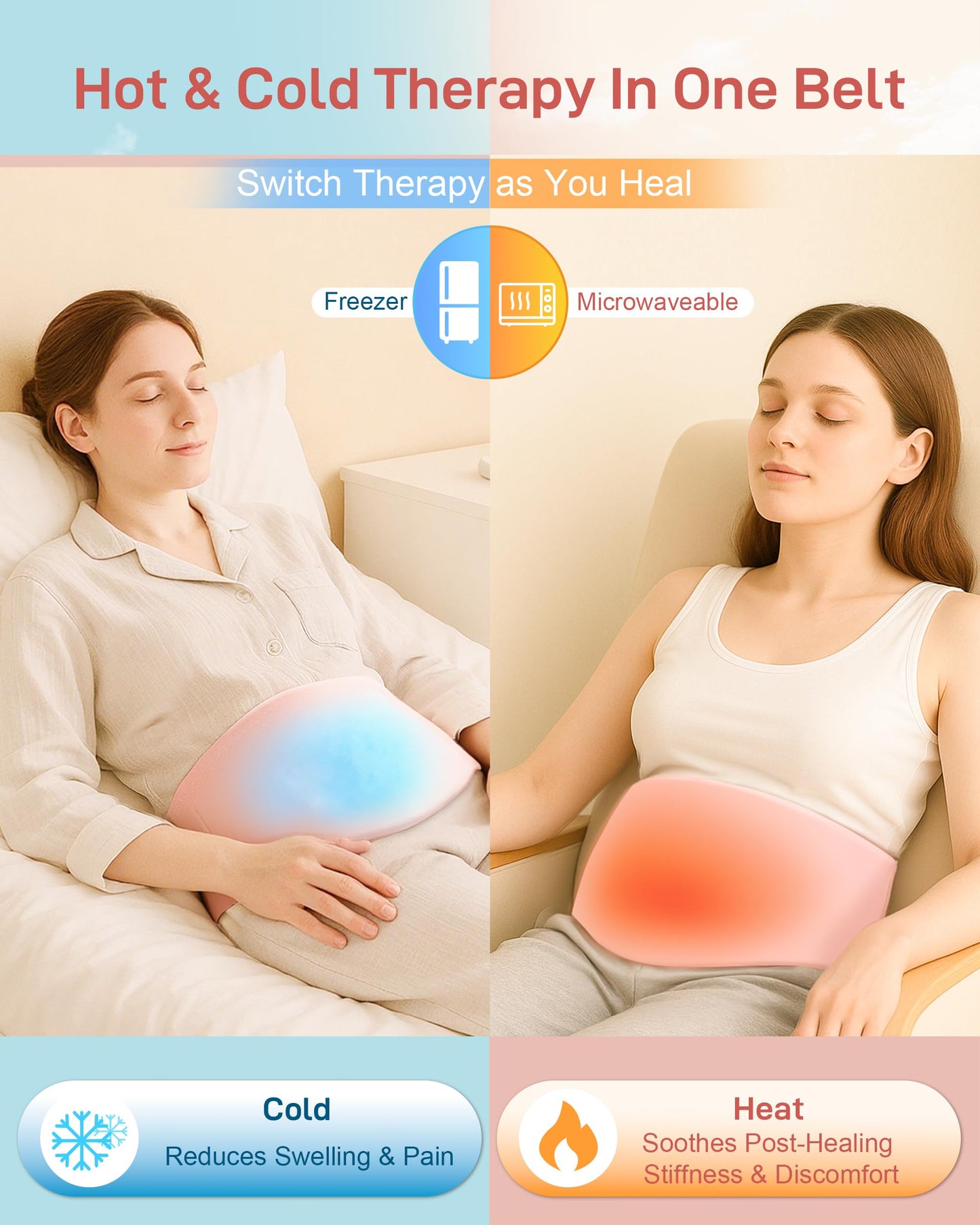 Hysterectomy & C-Section Belly Binder for Post-Op, Hot & Cold Therapy Ice Pack Waist Belt, Lycra Fabric Gel Pad for Incision Protection, Reusable Cooling Wrap for Surgery Pain Relief,Adjustable 28-47"