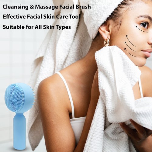 Silicone Facial Cleansing Brush 2 in 1 Silicone Facial Scrubber Manual Exfoliating Facial Brush Face Cleanser Face Exfoliator Ultrafine Bristles for Sensitive Skin Easy to Clean Lather Well (Blue)