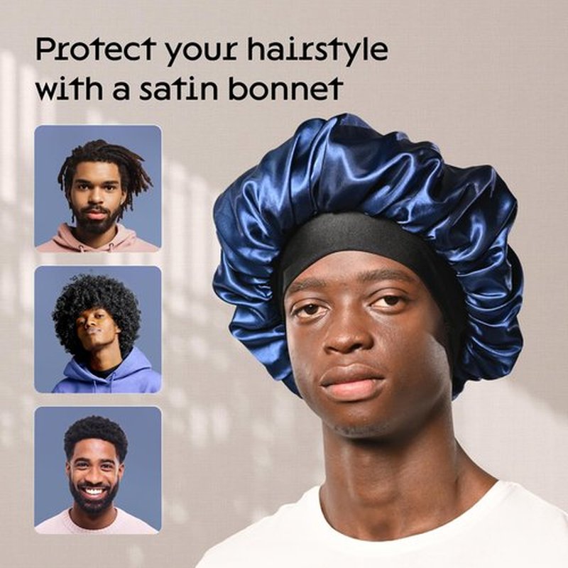Niagara Satin Bonnet Men - Blue Bonnet for Sleeping Men - Reversible Night Cap - Mens Bonnet for Curly Hair - Large Bonnet with Double Layer (Black/Blue)