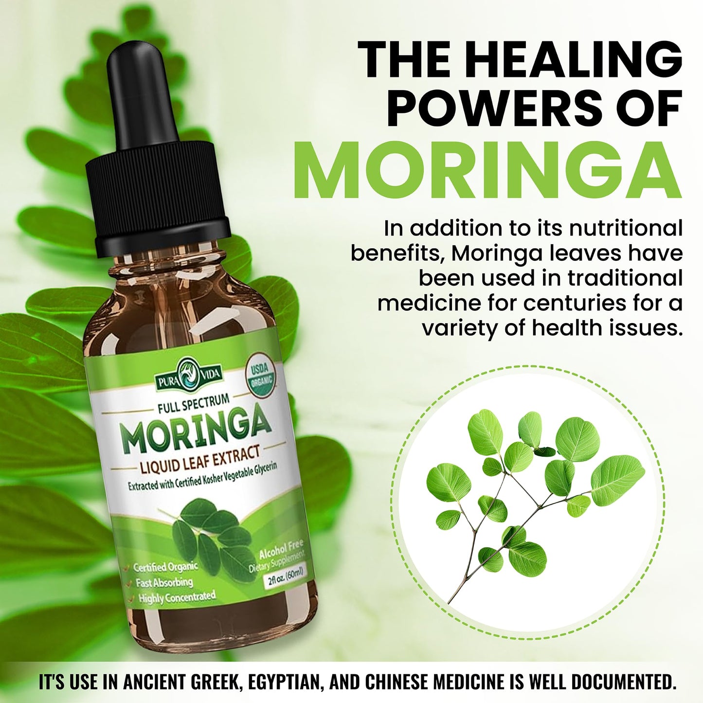 PURA VIDA MORINGA Leaf Extract Liquid Drops - USDA Organic Certified - Highly Purified, Bioavailable & Faster Absorption than Moringa Powder or Capsules - Single Origin Moringa Oleifera Leaves Extract
