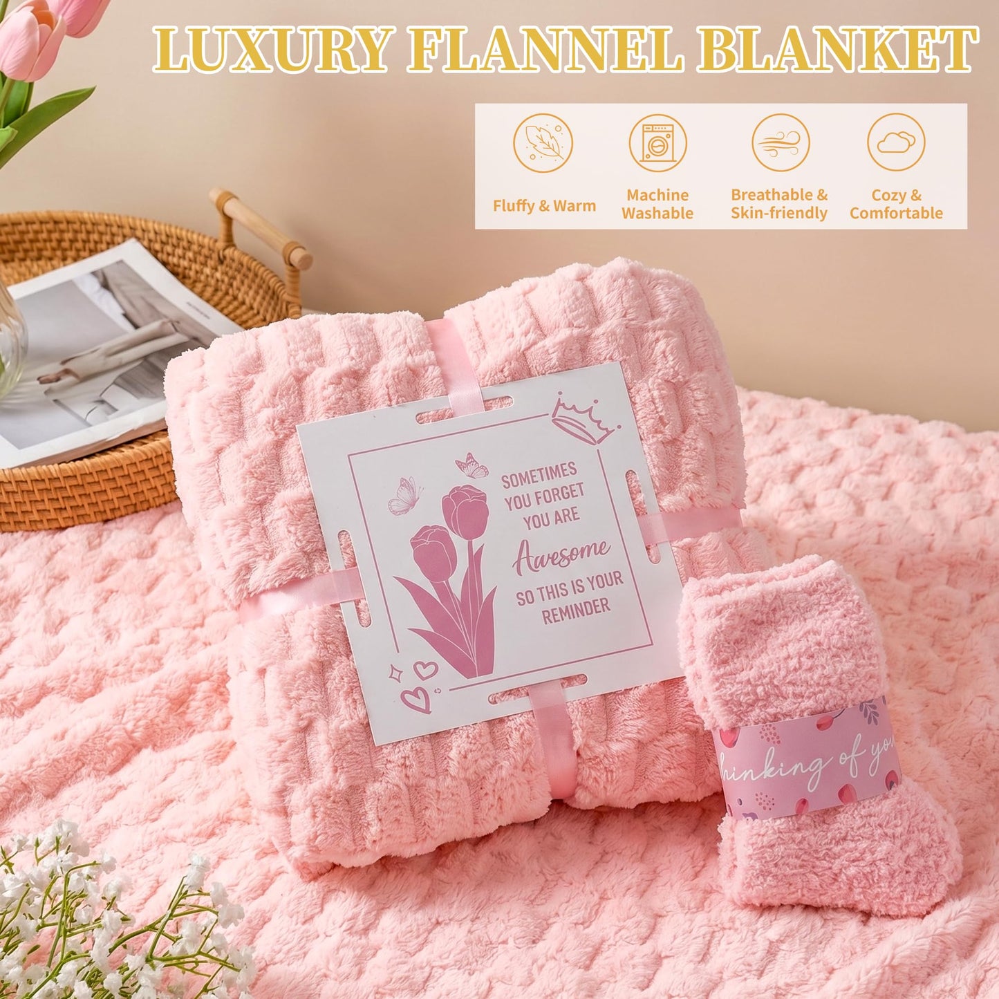 15 Pcs Get Well Soon Gift Baskets for Women, Mother's Day & Birthday Gifts for Mom, Wife, Friend, Care Package with Soft Blanket & Insulated Tumbler, Rose Pink
