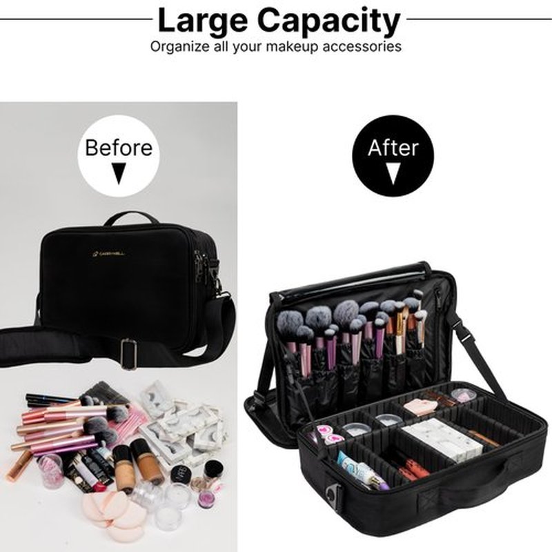 (Not Made In China) Travel Makeup Train Case, Make Up Box, Cosmetic Storage Organizer For Professional Beauty Artist W/Adjustable Dividers For Jewelry, Nail Polish and Brushes (1, Black, Large)