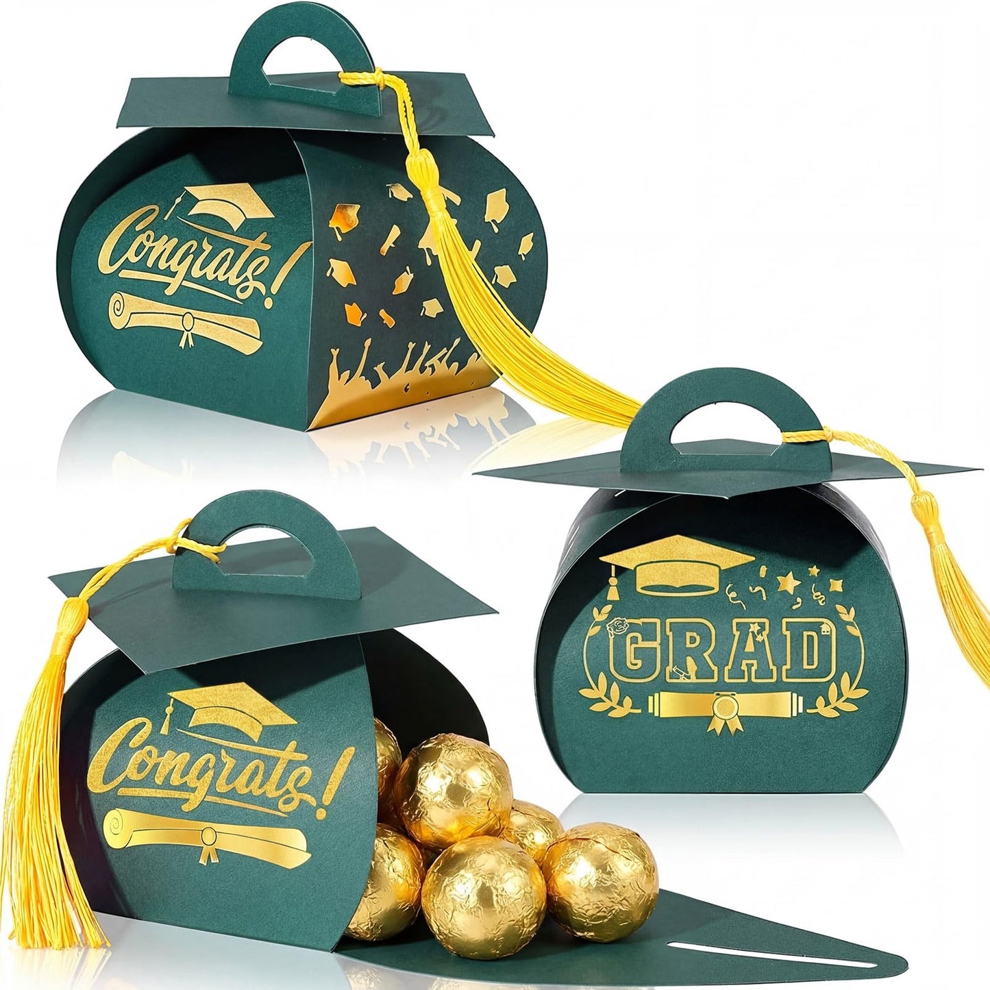 Spakon 30 Pcs Graduation Cap Gift Box Graduation Party Favors Candy Boxes Treat Box with Tassel Table Centerpieces Class of 2026 Grad Decorations(Green, Gold)