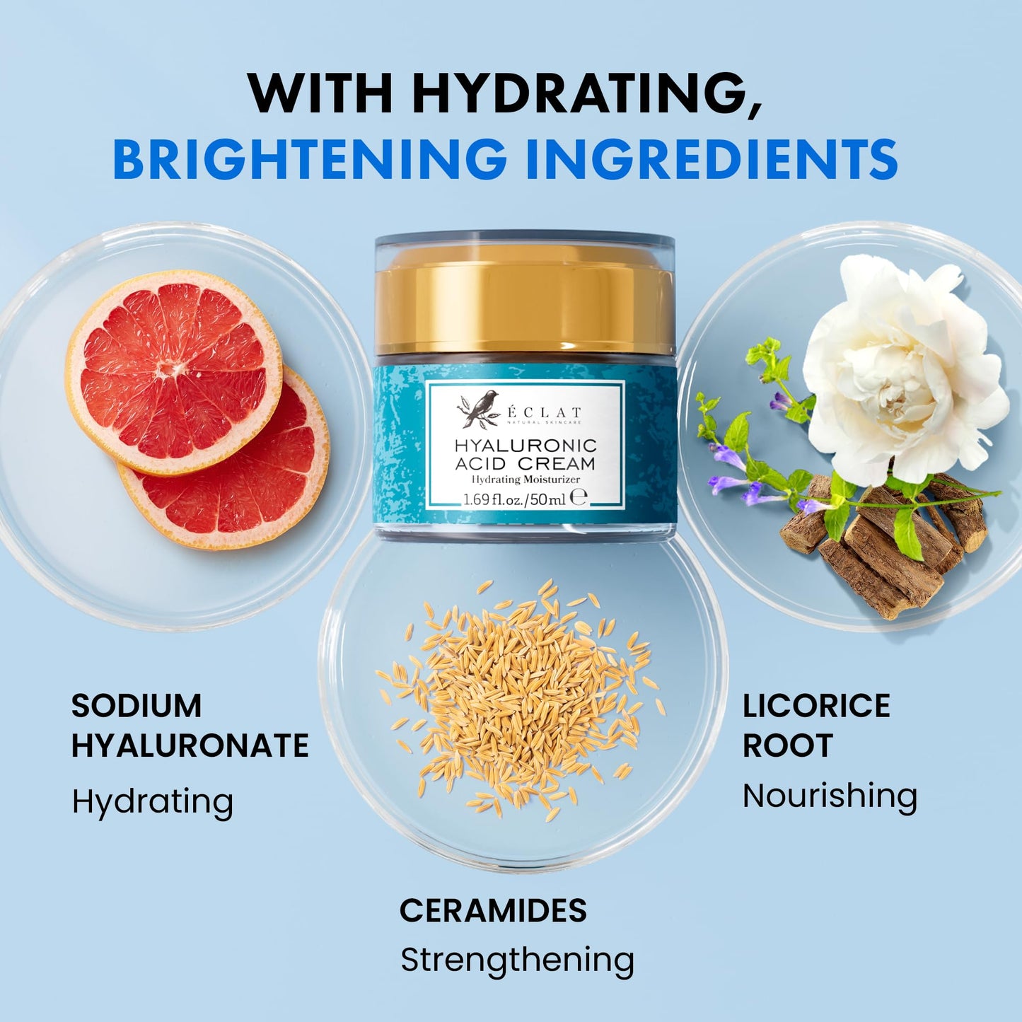 Eclat Skincare Hyaluronic Acid Cream – Hydrating Moisturizer with Ceramides & Vitamin B5 - Hyaluronic Acid Moisturizer for Soothing Dull & Dry Skin - Anti Aging Face Cream for Women and Men 50 ml