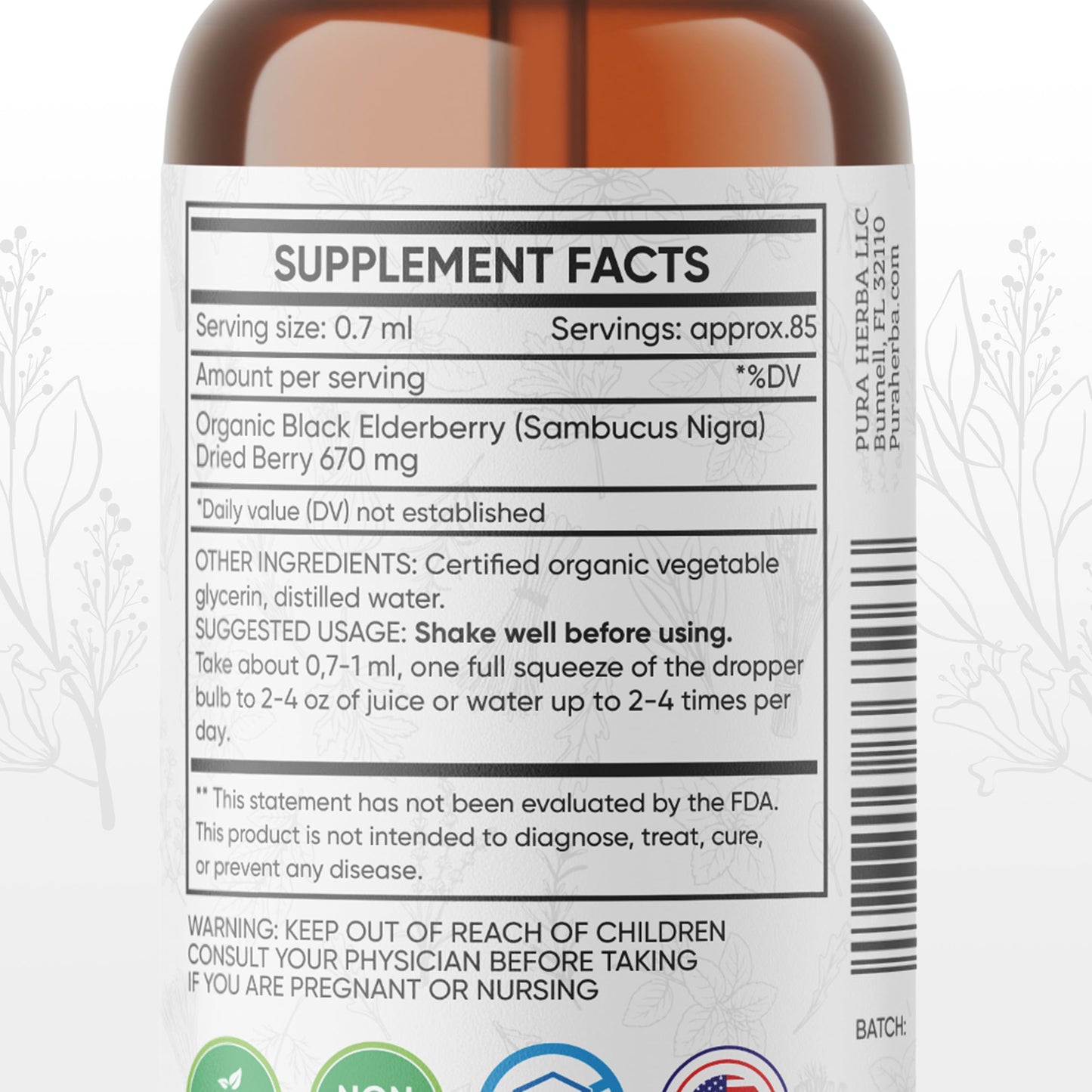 Pura Herba Elderberry Tincture – Organic Elderberry Extract Liquid Drops – Sambucus Herbal Supplement – Immune Support – Elderflower & Elderberry Blend – Alcohol-Free, 2 fl oz
