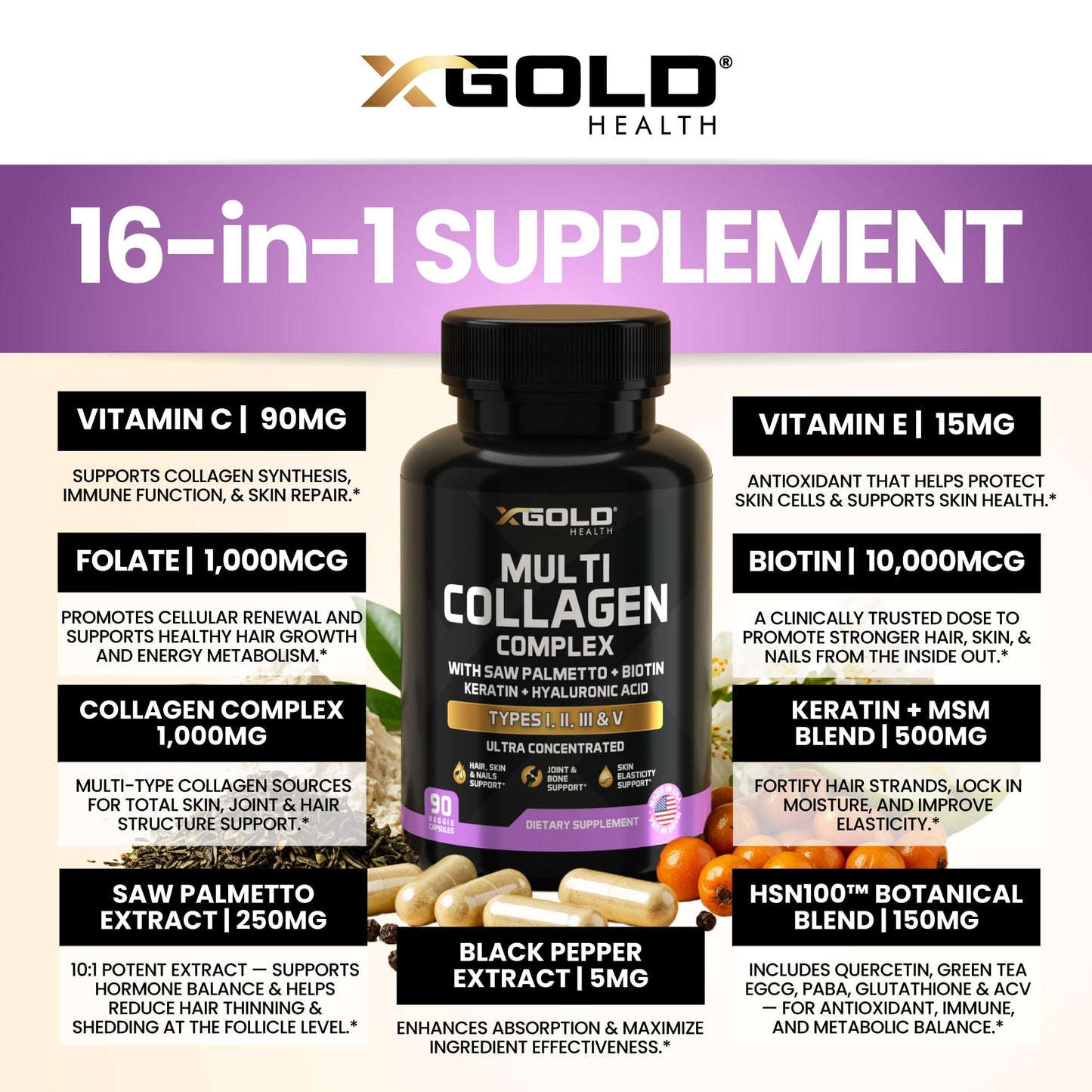 X Gold Health Multi Collagen Types I, II, III & V with Biotin 10,000 mcg, Keratin, Hyaluronic Acid, Saw Palmetto, Hair Skin & Nails Formula, 90 Capsules