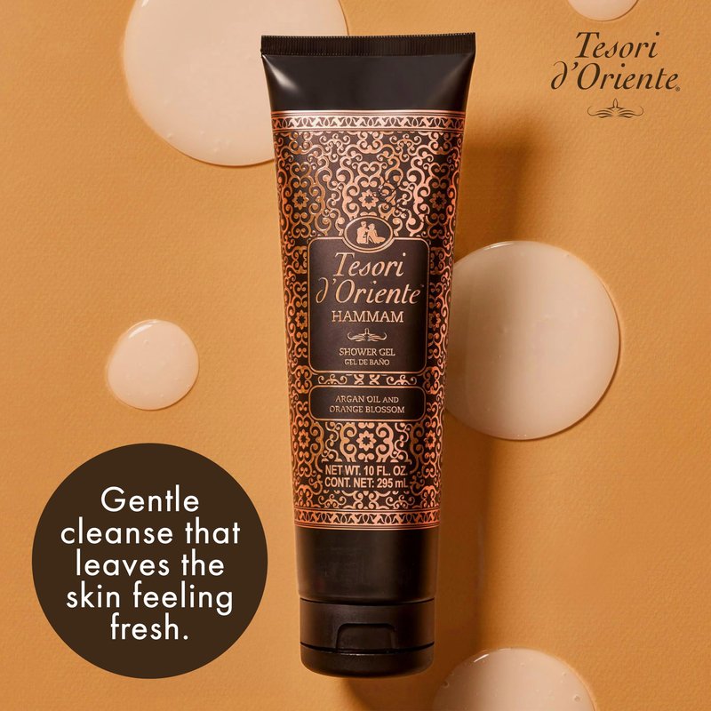 Tesori d’Oriente Hammam Shower Gel, 10 fl oz, Gentle, Hydrating Body Wash with Argan Oil & Vitamin E, Warm Orange Blossom Scented, No Silicones, Parabens & Mineral Oil