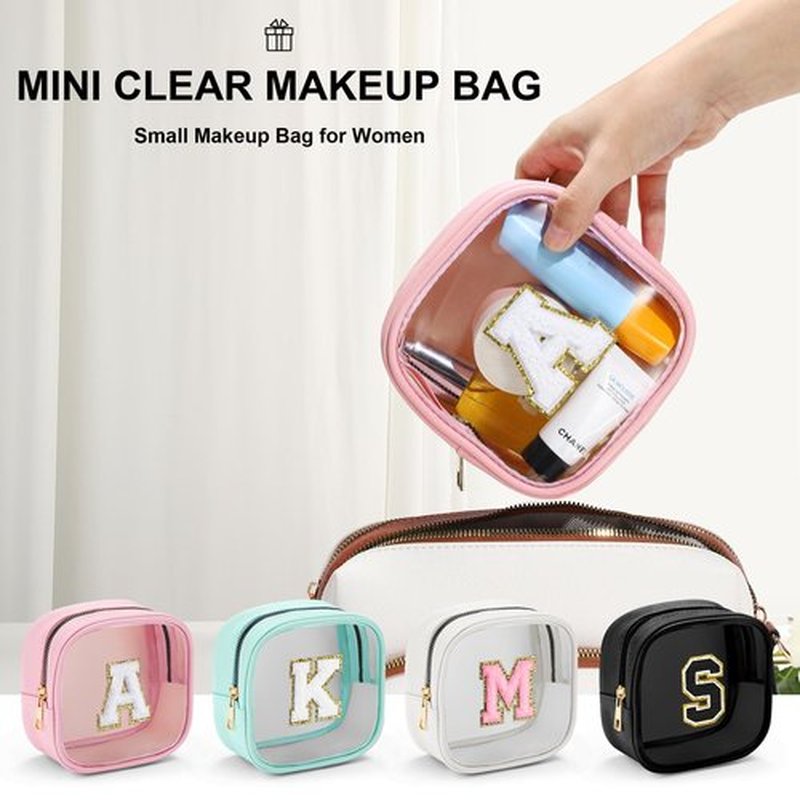 YOOLIFE Initial Mini Makeup Bag | Make Up Bag Travel Toiletry Bag | Clear Makeup Bag | Preppy Cosmetic Bags Organizer Travel Essentials Gifts for Women Teen Girlfriend Teacher Brithday Gifts Pink A