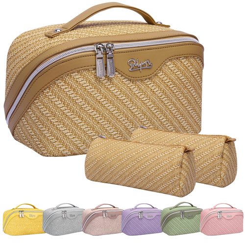 Travel Makeup Bags Cosmetic Organizer Bag: Large Capacity Make up Bag Set of 3 - Vegan Leather Toiletry Bag for Women - Portable Makeup Organizer with Compartments & Handle & Divider (3 Brown)