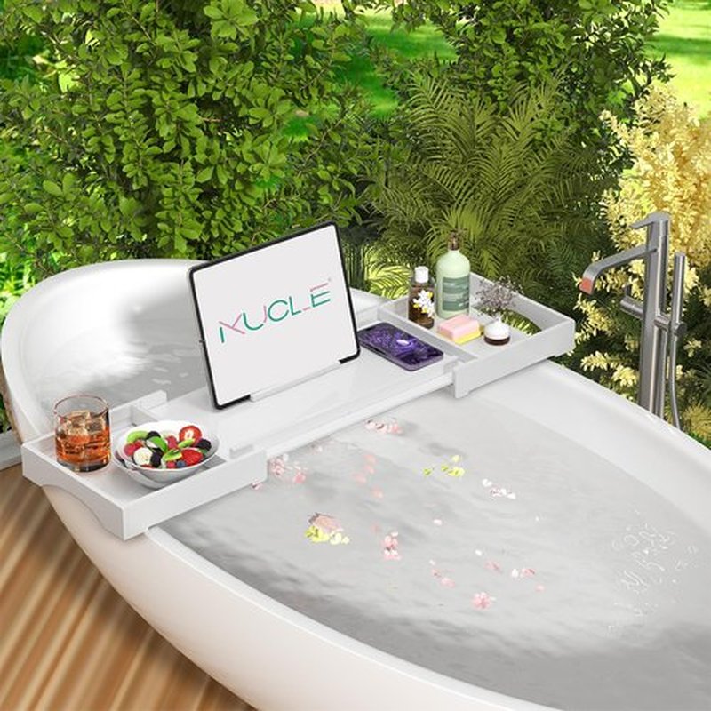 Kucle Expandable Acrylic Bathtub Tray - 18-32 Inches Bath Caddy Tray for Bathtub, Luxury Bath Tub Tray Table for Home Spa, Bath Tray for Tub, Bathroom Tub Accessory Birthday Gift for Her (White)