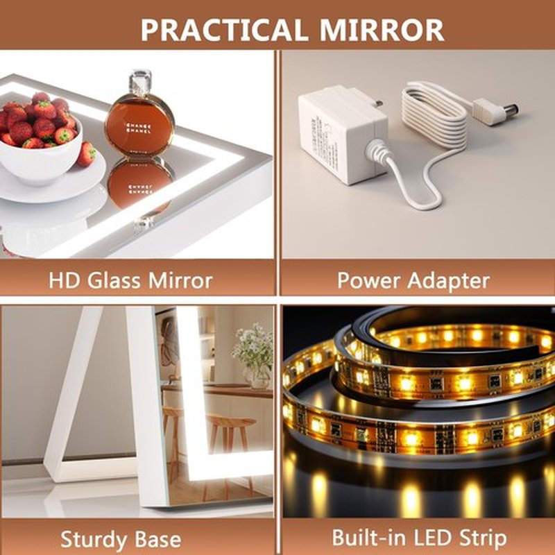 Hasipu Vanity Mirror with Lights, 9.8" x 11.8" LED Makeup Mirror with Smart Touch 3 Colors Dimmable, Brightness Adjustment, 360° Rotation, White