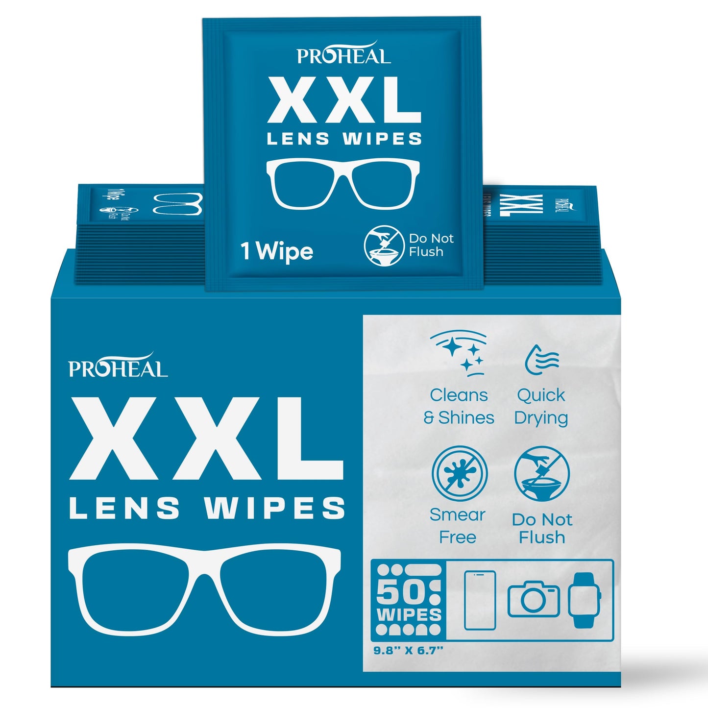 XXL Lens Wipes, 50 Count - 9.8"x6.7" Eye Glasses Cleaner Wipes for Lenses, Watches, Display Screens, and More - Cleans and Shines - Quick Drying, No Smear with Isopropyl Alcohol