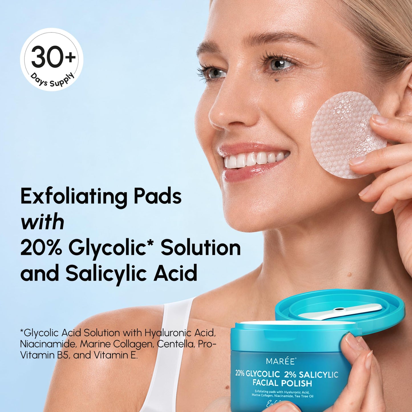 MAREE Glycolic Acid Pads & 2% Salicylic Acid – Toner Pads for Face with 20% Glycolic Acid Solution – Face Exfoliating Pads, Acne Clearing Face Pads – Skin Pore Resurfacing & Radiance Device – 50 Count