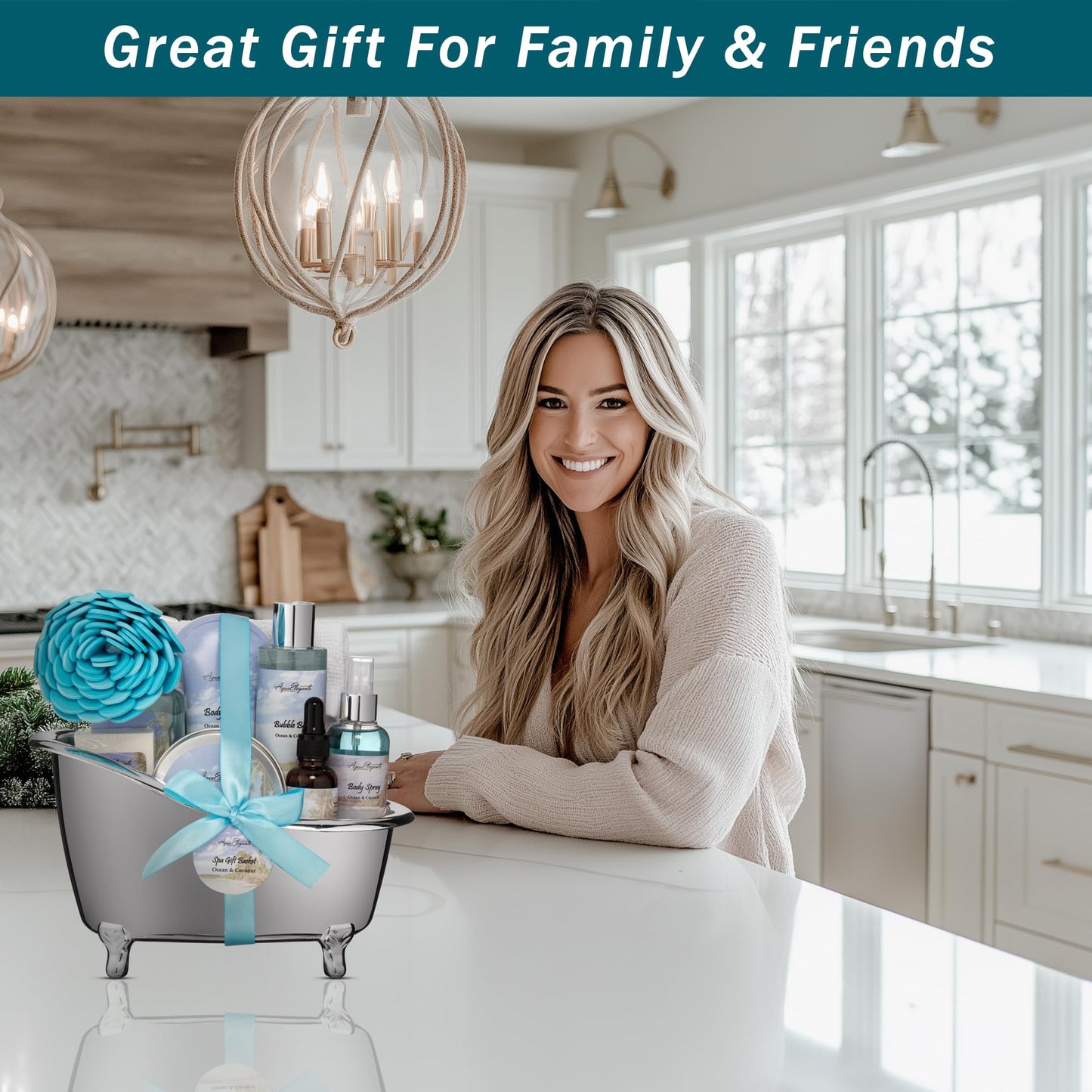 Aqua Elegante Spa Gift Basket For Women - Luxury Bath Set with Wash, Bubbles, Lotion, Body Butter, Soap, Towel, Shower Puff, Reusable Basket, Gifts for Mom, Wife, Girlfriend - Ocean & Coconut
