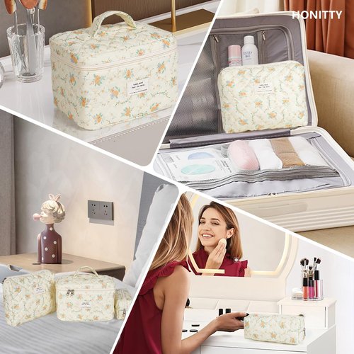 Makeup Bag,Quilted Cosmetic Bag,Large Floral Make Up Bag for Women,Cotton Makeup Bag Set,Flower Travel Toiletry Bag