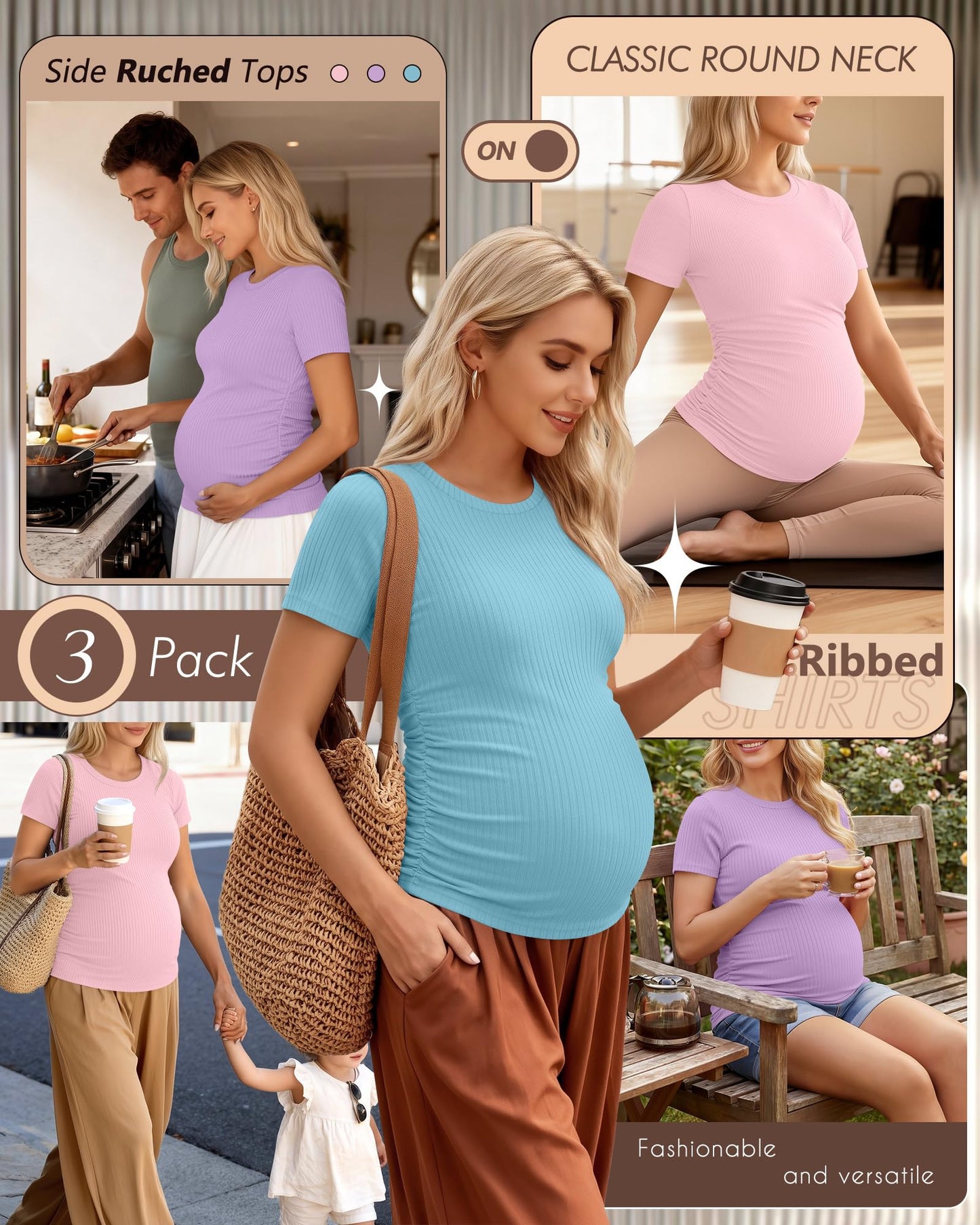 Ficerd 3 Pack Maternity Shirts for Women, Cotton Ribbed Pregnancy Tops Short Sleeve Side Ruched Summer Casual Mama Clothes(Medium,Light Sky Blue, Light Purple, Light Pink)