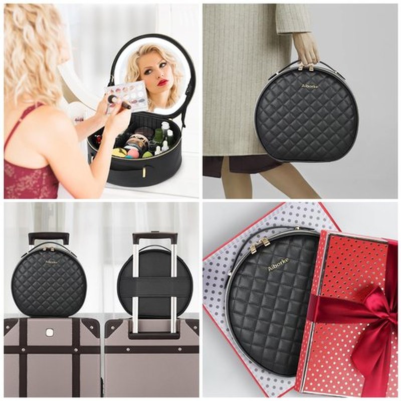 Aiborke Travel Makeup Bag with Led Mirror Makeup Case with Lighted Mirror Cosmetic Organizer bag with Adjustable Dividers and 10x Magnifying Mirror (Black-round)