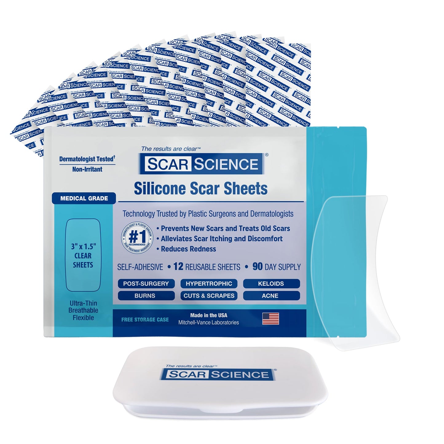 Advanced Medical Grade Silicone Scar Patches, 12 Reusable 3" Water-Resistant Silicone Scar Strips for Newly Healed Wounds and Older Scars - Breathable Silicone Gel Sheets for Scars w/Case